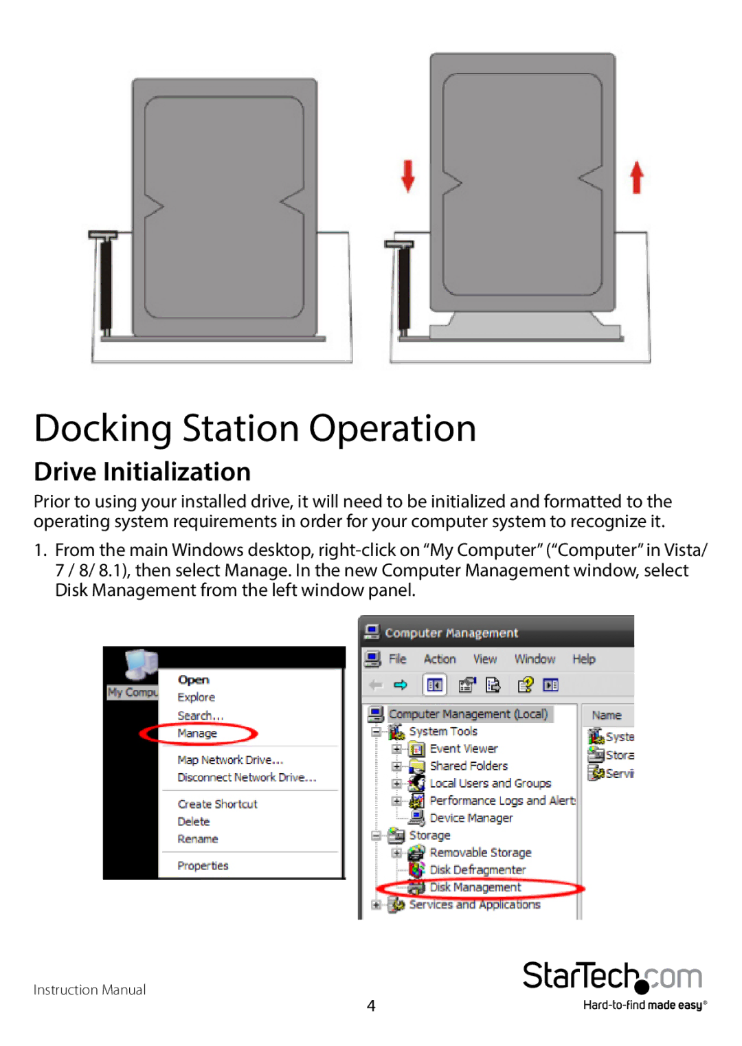 StarTech.com usb 3.0 to dual 2.5/3.5in sata hdd dock with uasp manual Docking Station Operation, Drive Initialization 