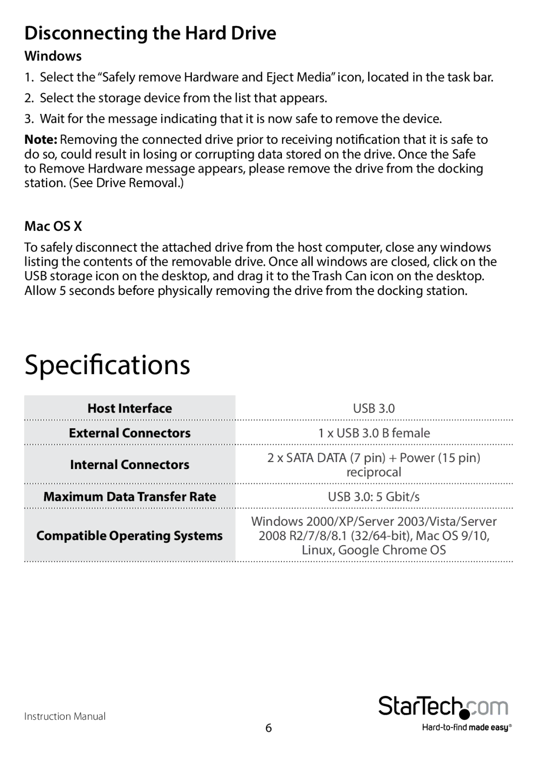 StarTech.com usb 3.0 to dual 2.5/3.5in sata hdd dock with uasp manual Specifications, Disconnecting the Hard Drive 