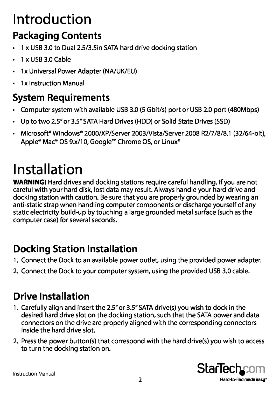StarTech.com usb 3.0 to dual 2.5/3.5in sata hdd dock with uasp manual Introduction, Installation, Packaging Contents 