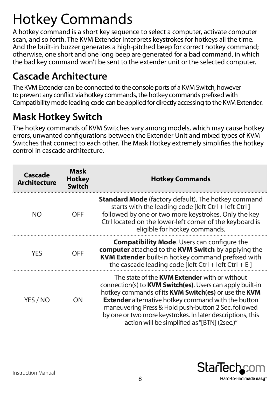 StarTech.com usb dual vga cat5 kvm console extender - 650ft/200m Hotkey Commands, Cascade Architecture, Mask Hotkey Switch 