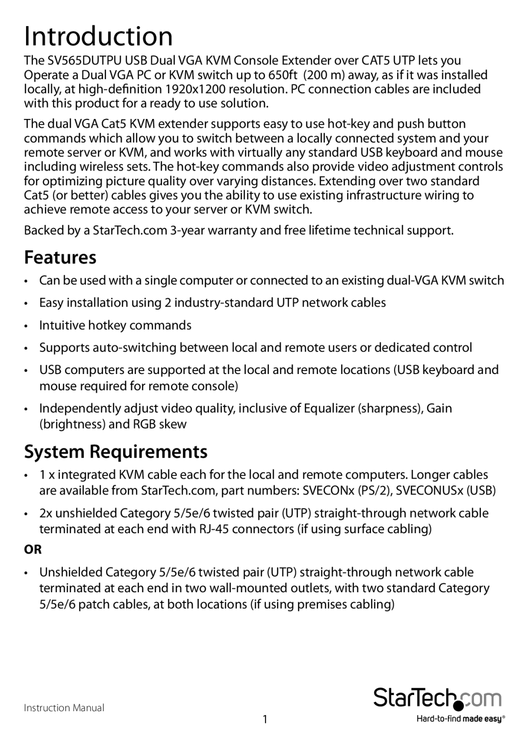 StarTech.com usb dual vga cat5 kvm console extender - 650ft/200m manual Introduction, Features, System Requirements 