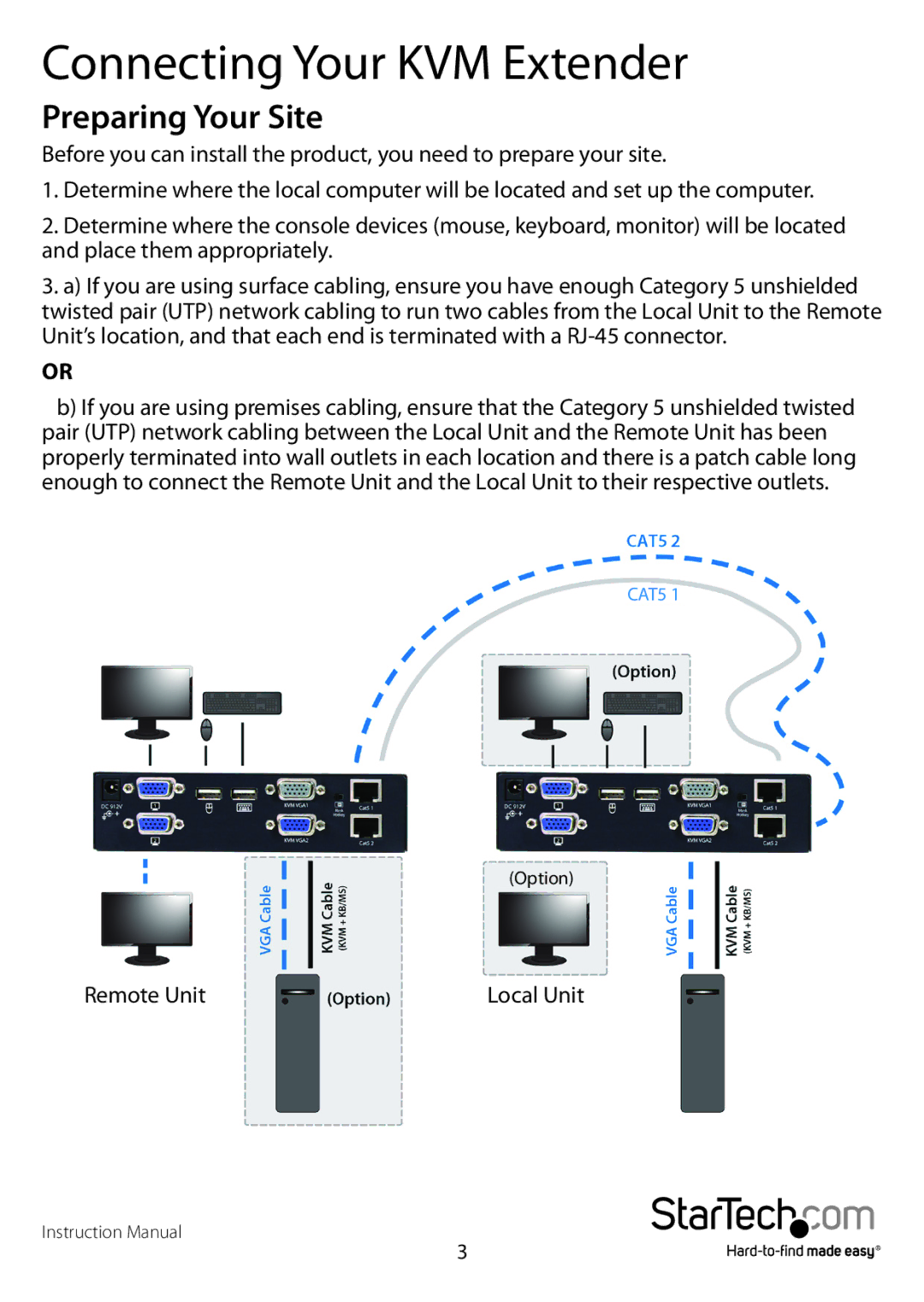 StarTech.com usb dual vga cat5 kvm console extender - 650ft/200m manual Connecting Your KVM Extender, Preparing Your Site 