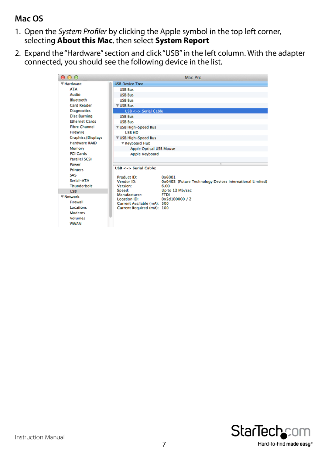 StarTech.com usb to rs232 serial adapter manual Mac OS 