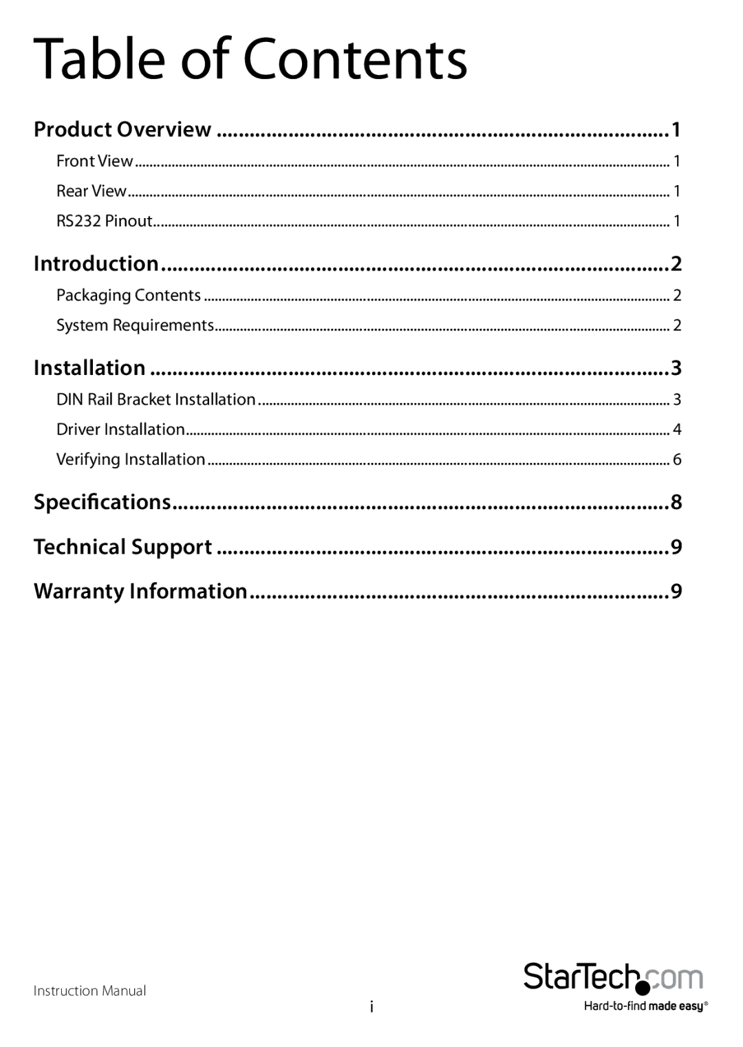 StarTech.com usb to rs232 serial adapter manual Table of Contents 