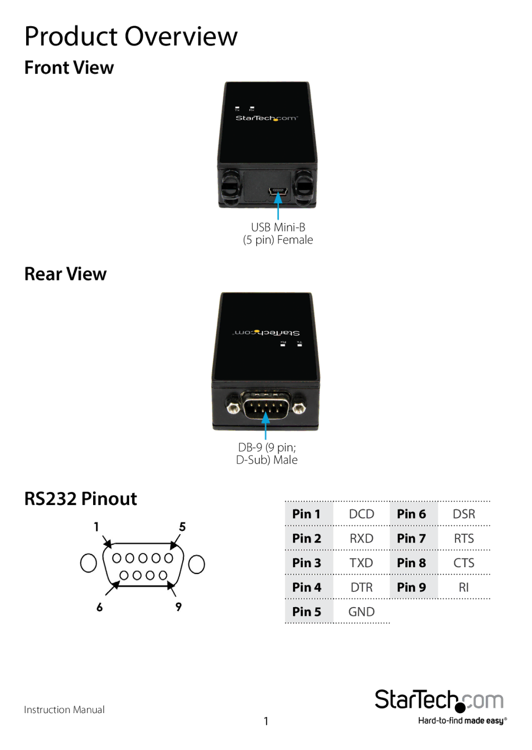 StarTech.com usb to rs232 serial adapter manual Product Overview, Front View, Rear View, RS232 Pinout 