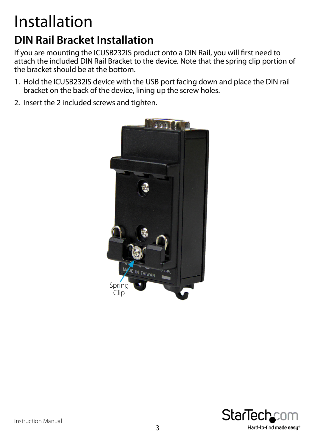 StarTech.com usb to rs232 serial adapter manual DIN Rail Bracket Installation 