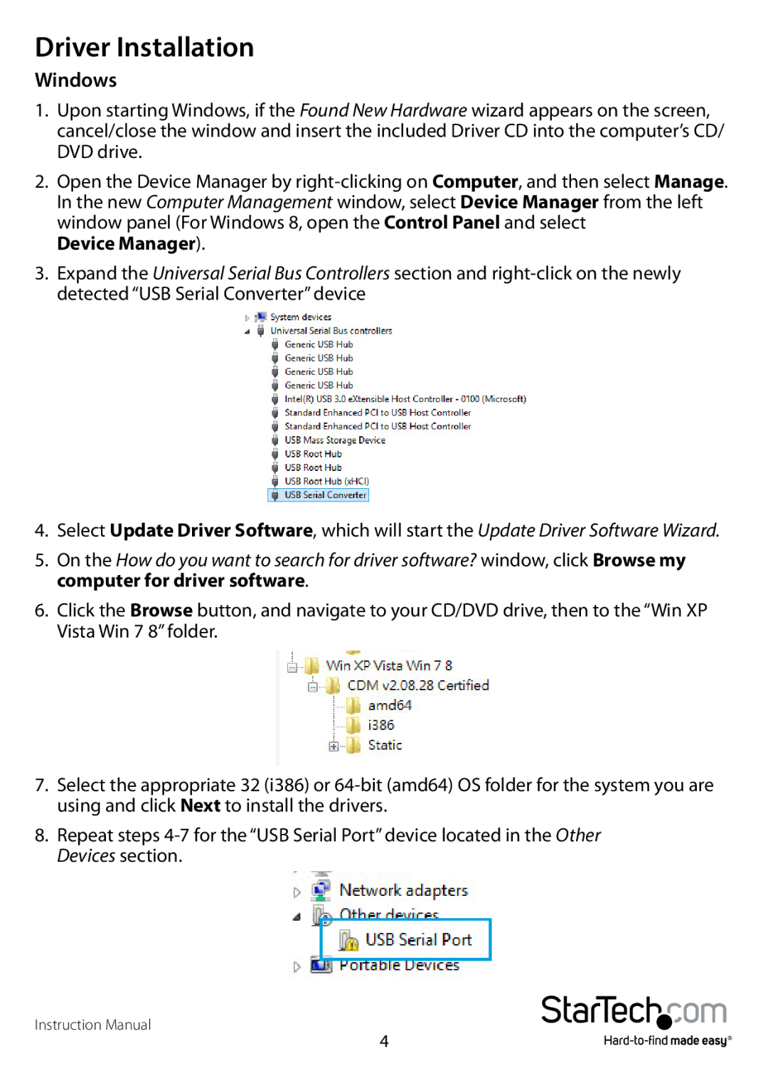 StarTech.com usb to rs232 serial adapter manual Driver Installation, Windows 