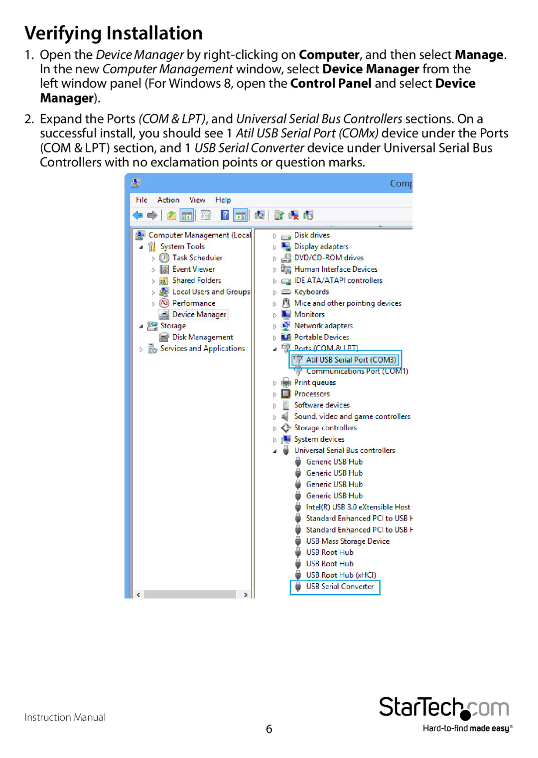 StarTech.com usb to rs232 serial adapter manual Verifying Installation 