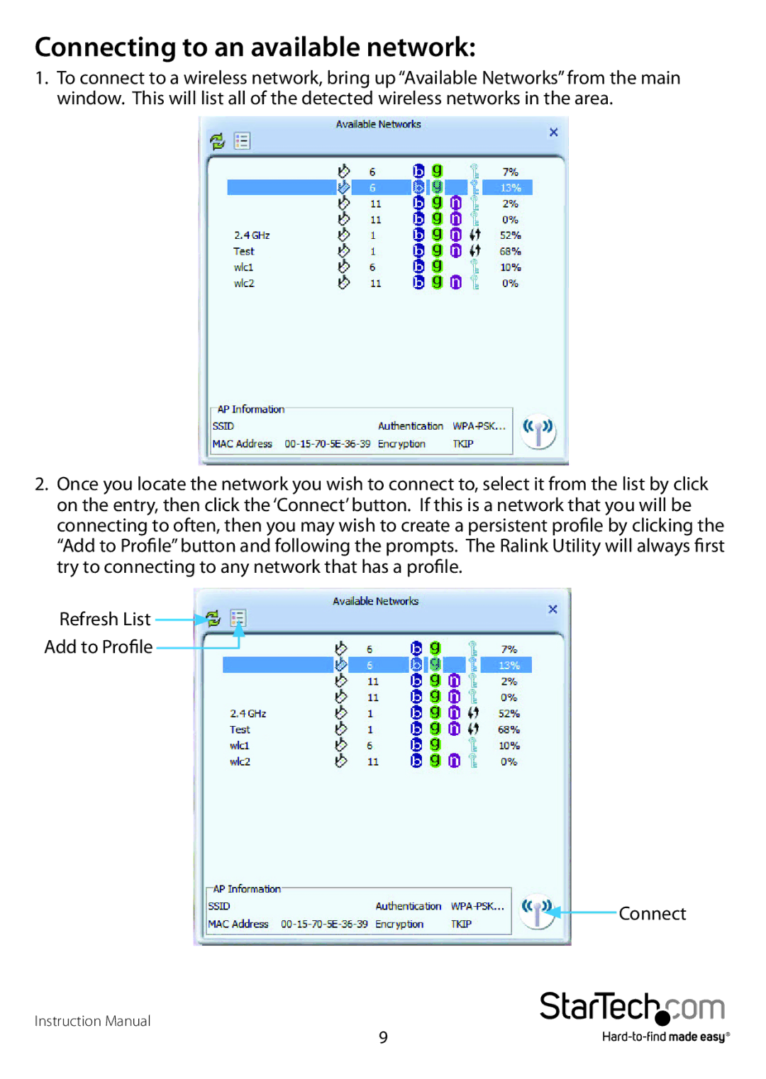 StarTech.com USB300WN2X2D manual Connecting to an available network 