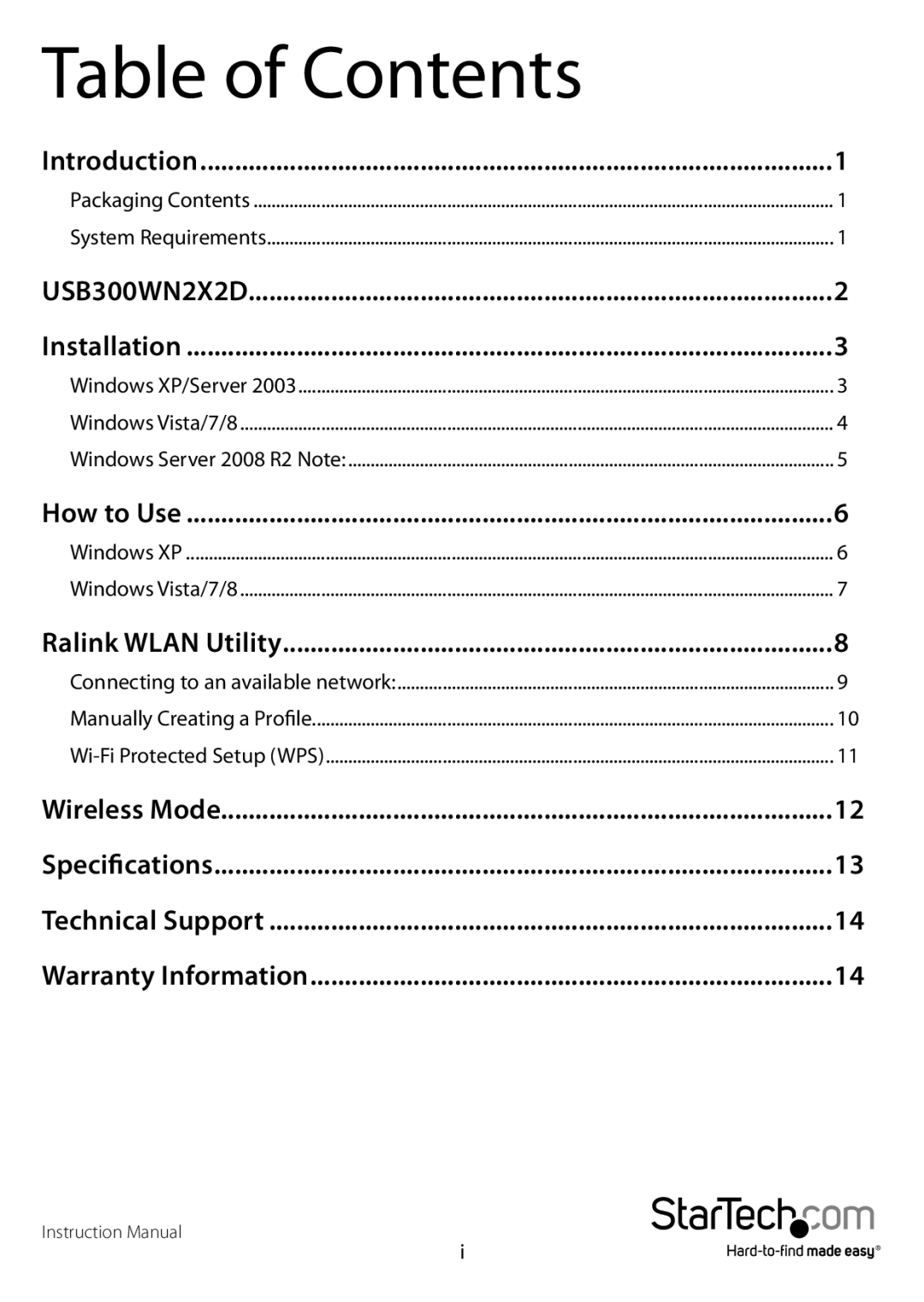 StarTech.com USB300WN2X2D manual Table of Contents 