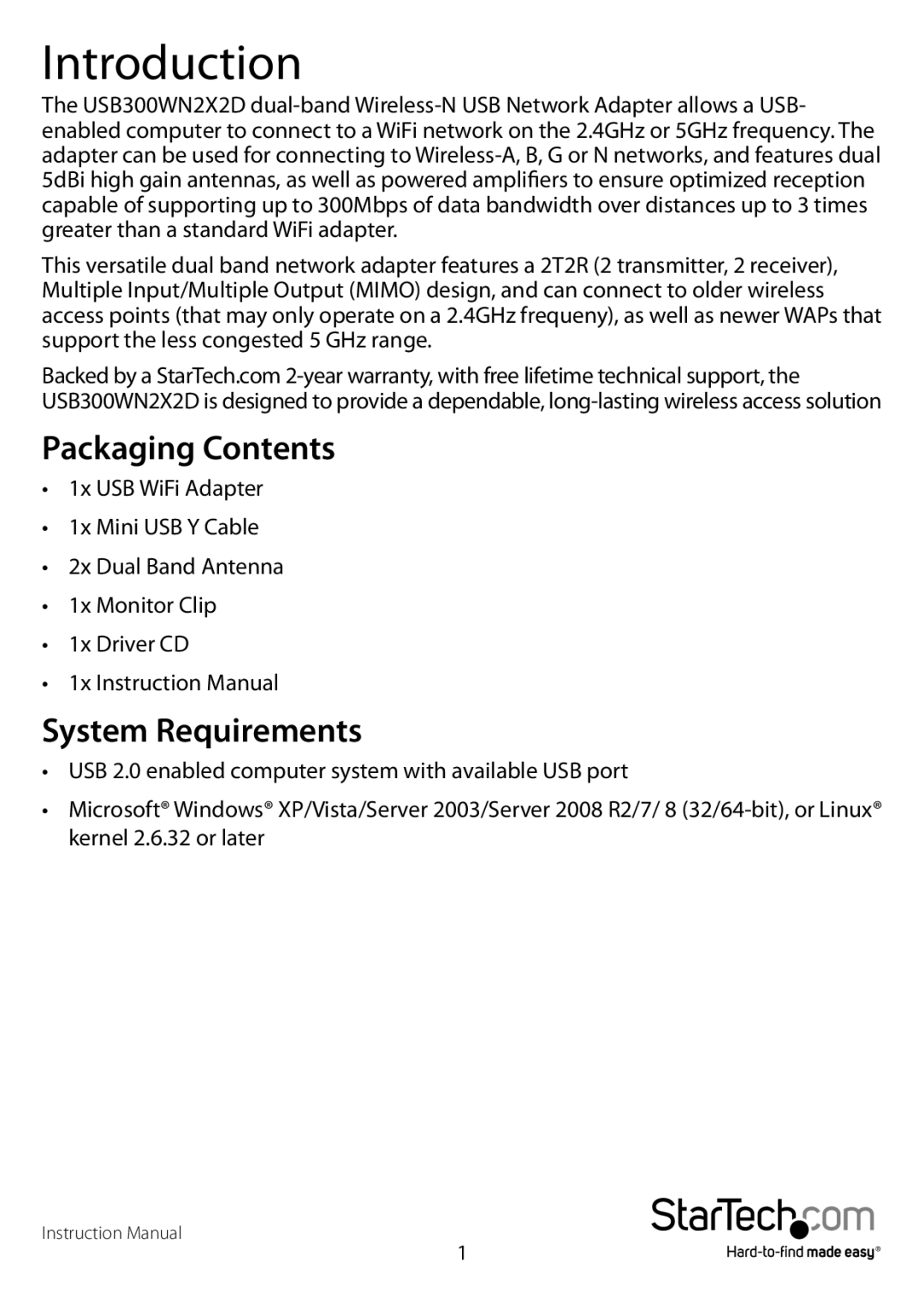 StarTech.com USB300WN2X2D manual Introduction, Packaging Contents, System Requirements 