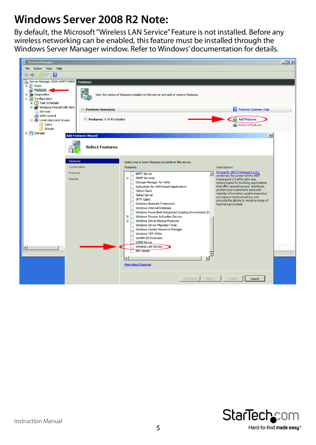 StarTech.com USB300WN2X2D manual Windows Server 2008 R2 Note 