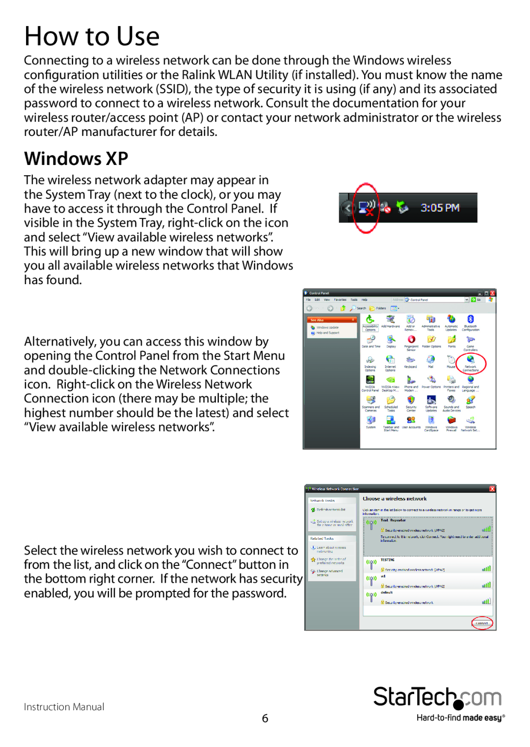 StarTech.com USB300WN2X2D manual How to Use, Windows XP 