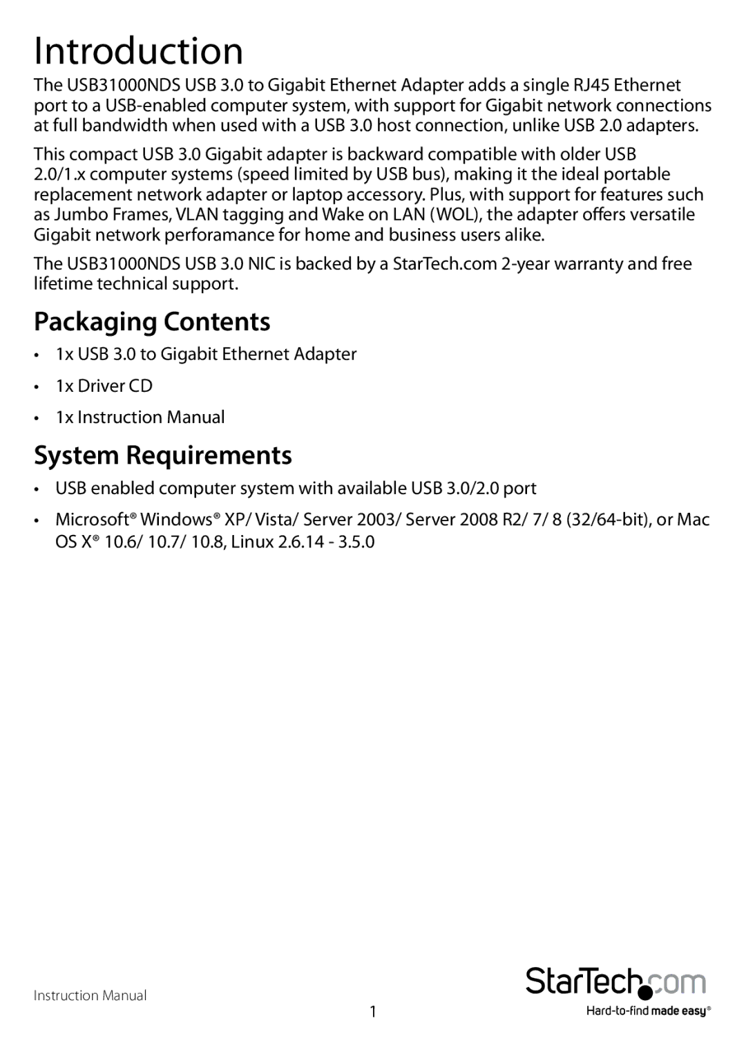 StarTech.com USB31000NDS manual Introduction, System Requirements 