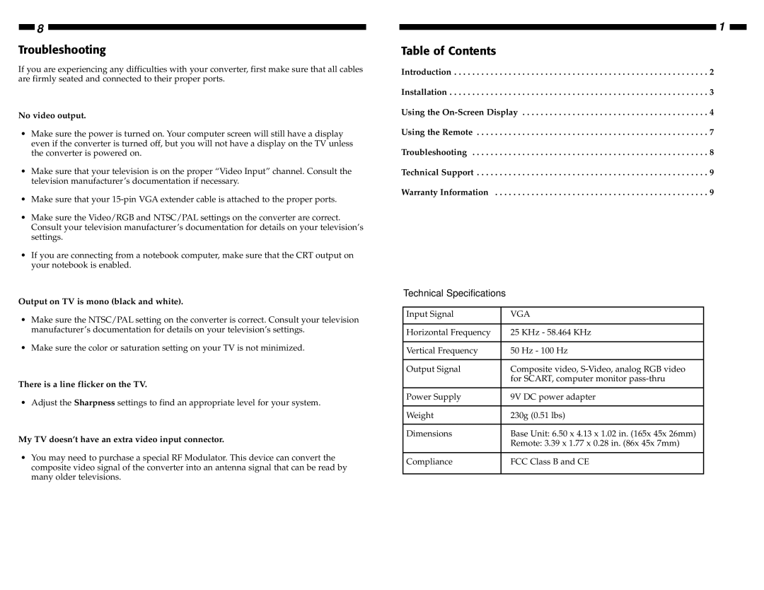 StarTech.com VGA2NTSCPRO manual Troubleshooting, Table of Contents 