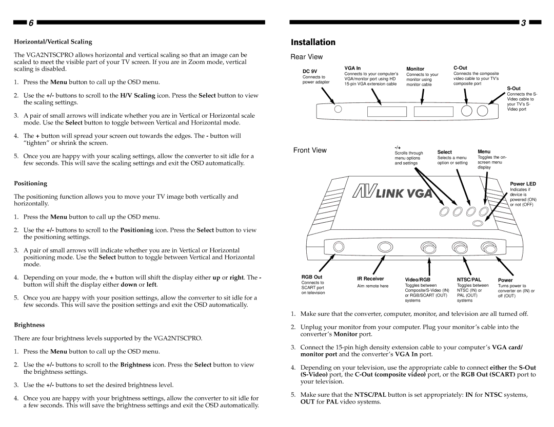 StarTech.com VGA2NTSCPRO manual Installation, Rear View, Front View 