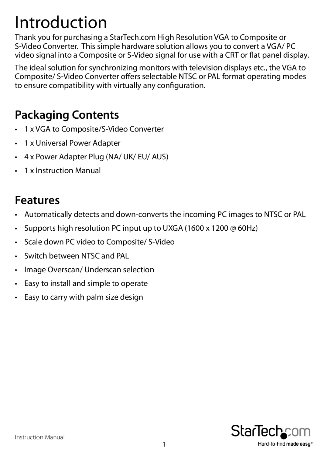 StarTech.com VGA2VID manual Introduction, Packaging Contents, Features 