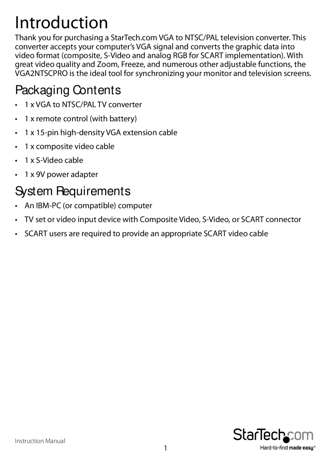 StarTech.com VGANTSCPROGB, VGA2NTSCPRO manual Introduction, Packaging Contents 