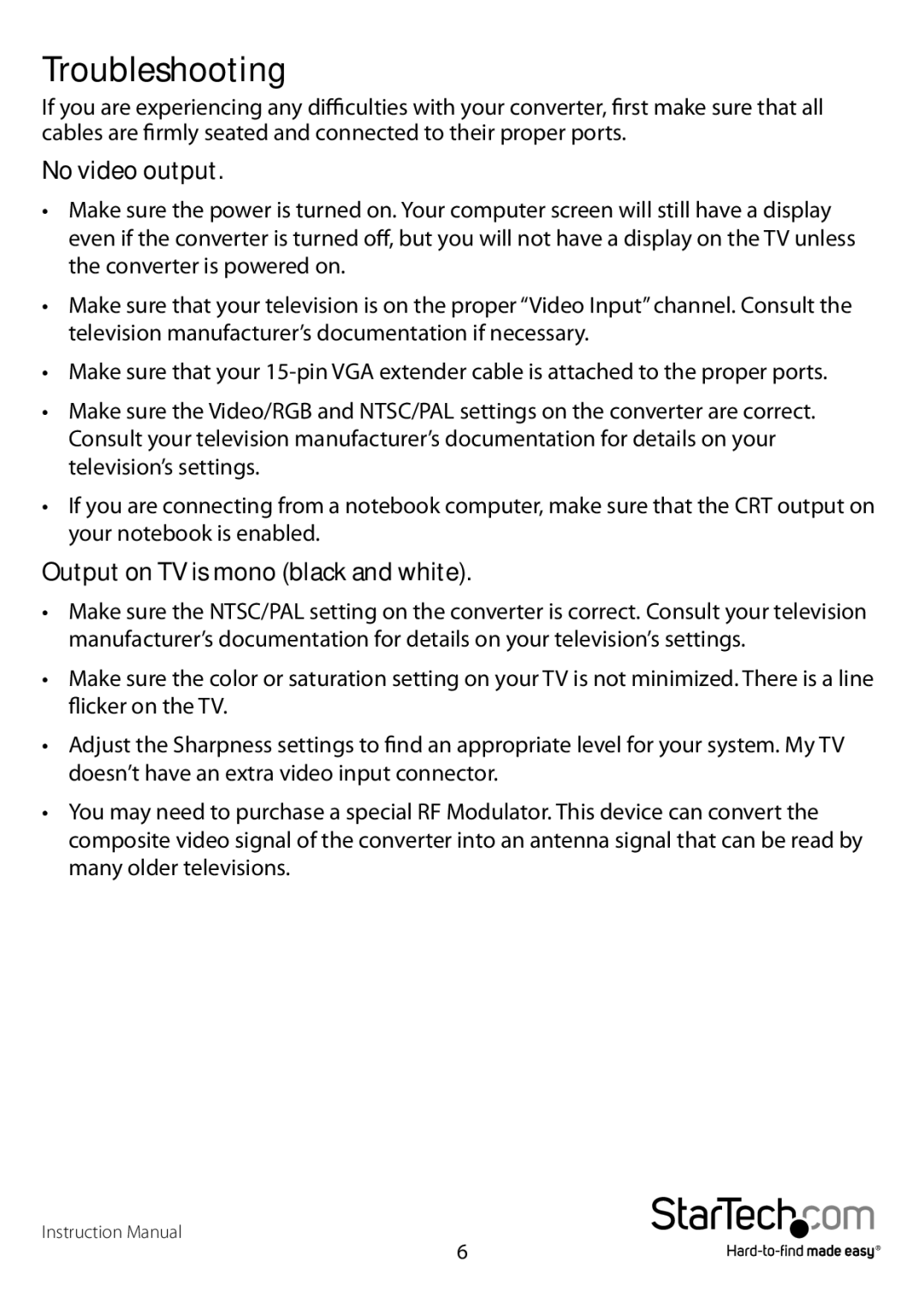 StarTech.com VGA2NTSCPRO, VGANTSCPROGB manual No video output, Output on TV is mono black and white 