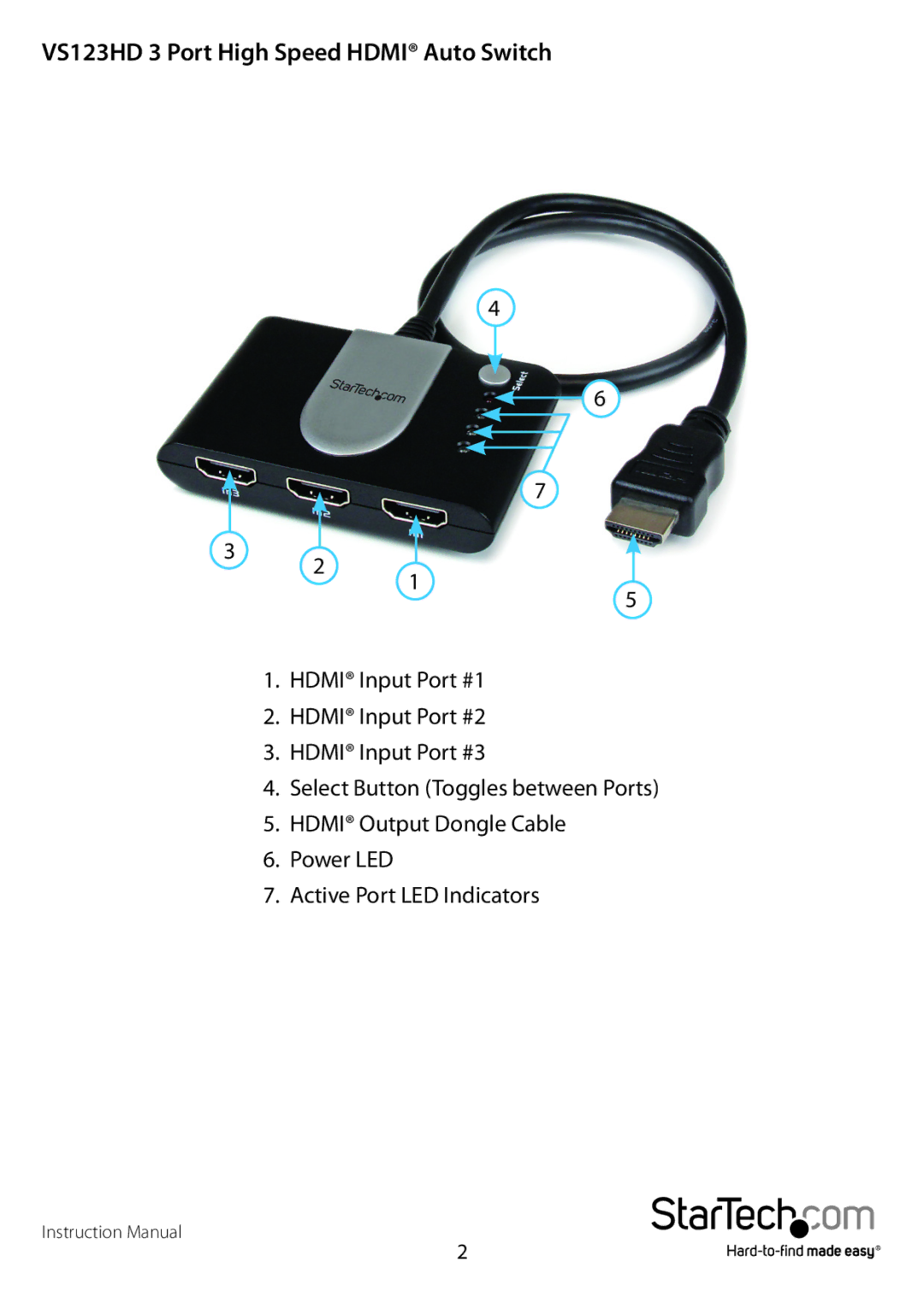 StarTech.com vs123HD manual VS123HD 3 Port High Speed Hdmi Auto Switch 