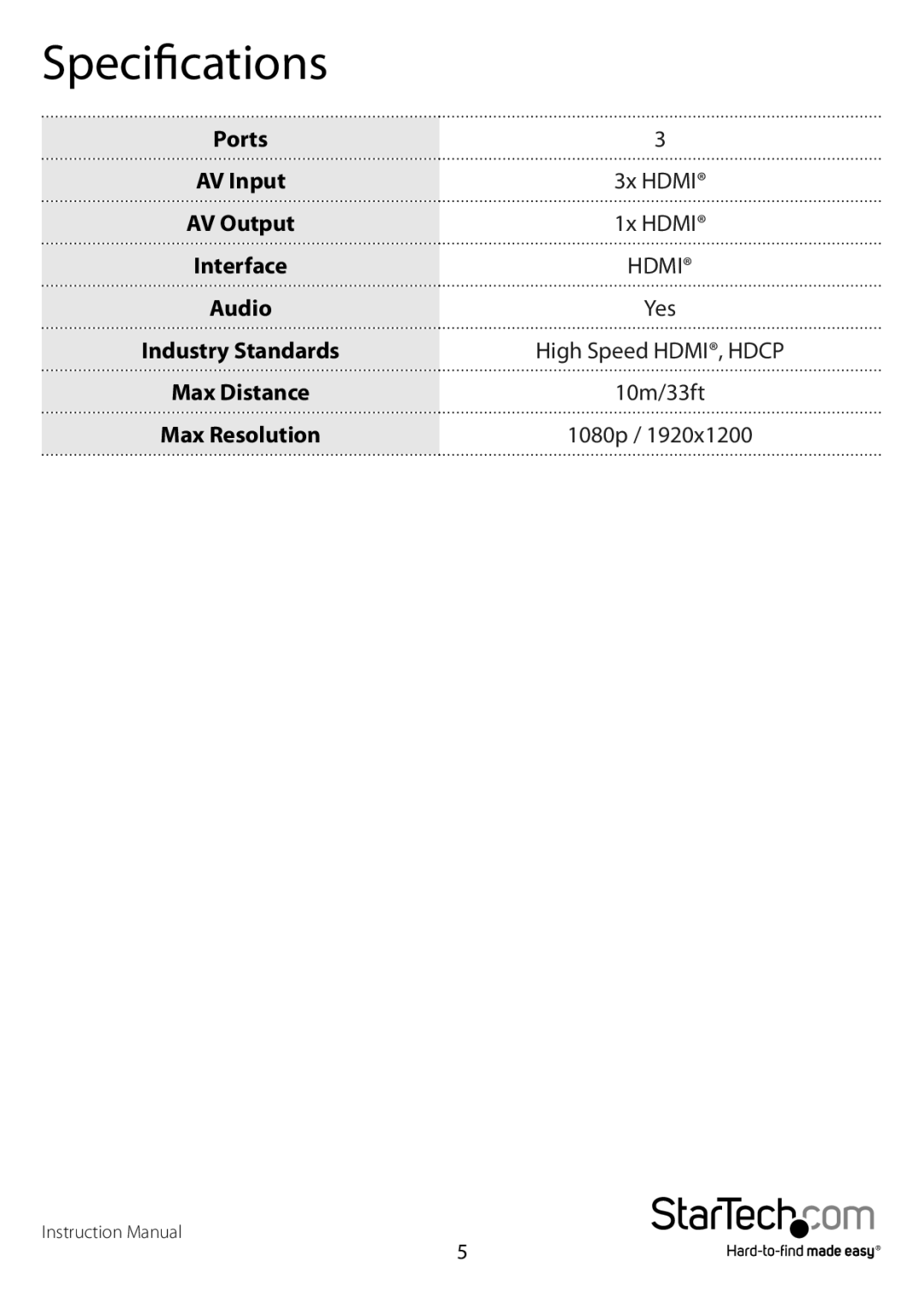 StarTech.com vs123HD manual Specifications 