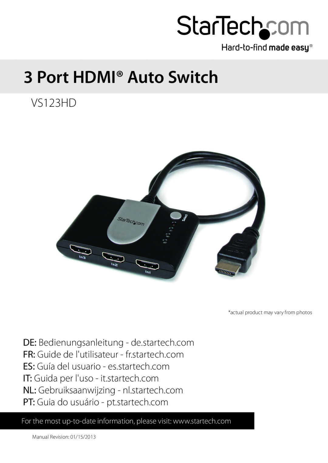 StarTech.com vs123HD manual Port HDMI Auto Switch, VS123HD, DE Bedienungsanleitung - de.startech.com 
