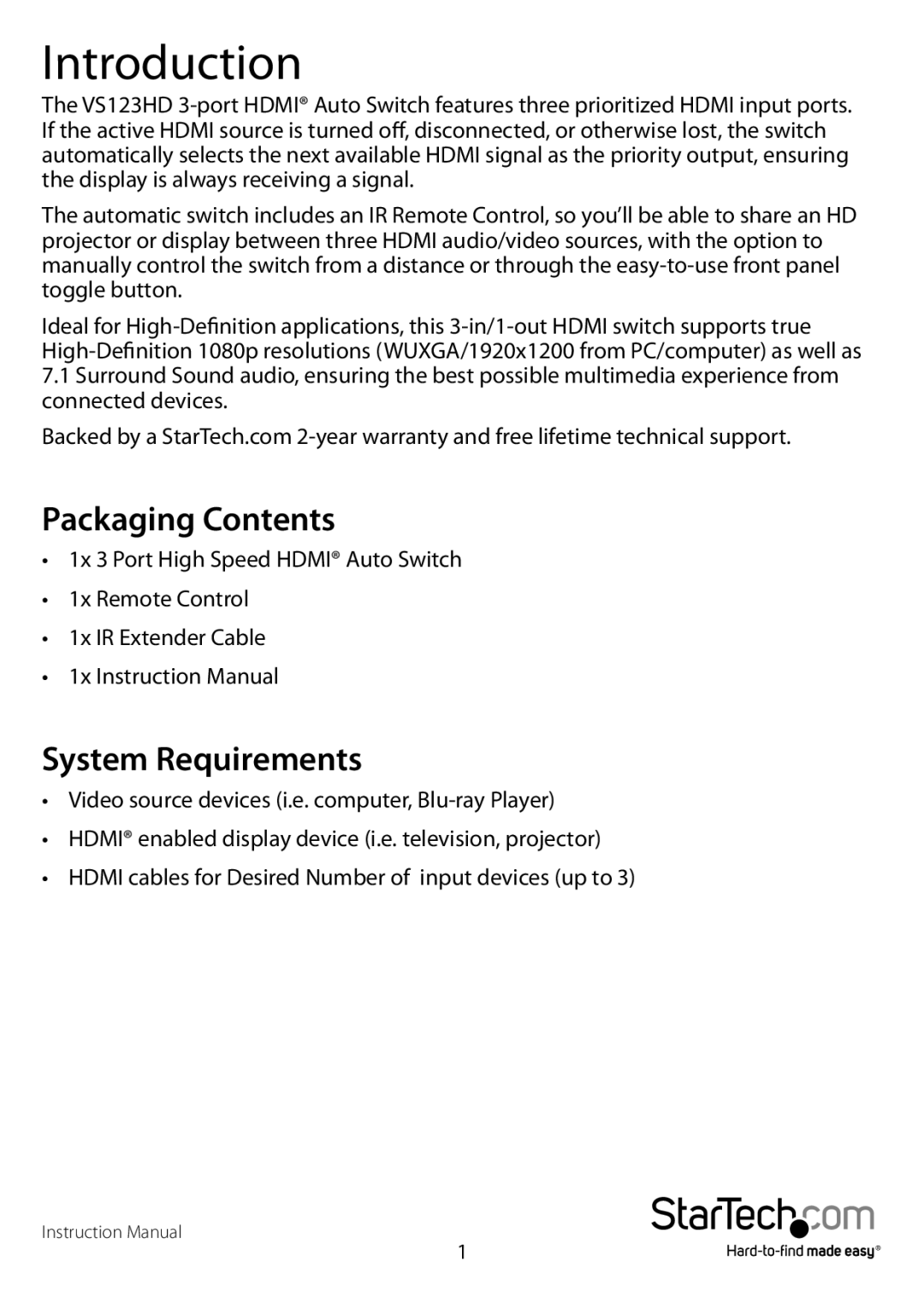 StarTech.com vs123HD manual Introduction, Packaging Contents, System Requirements 