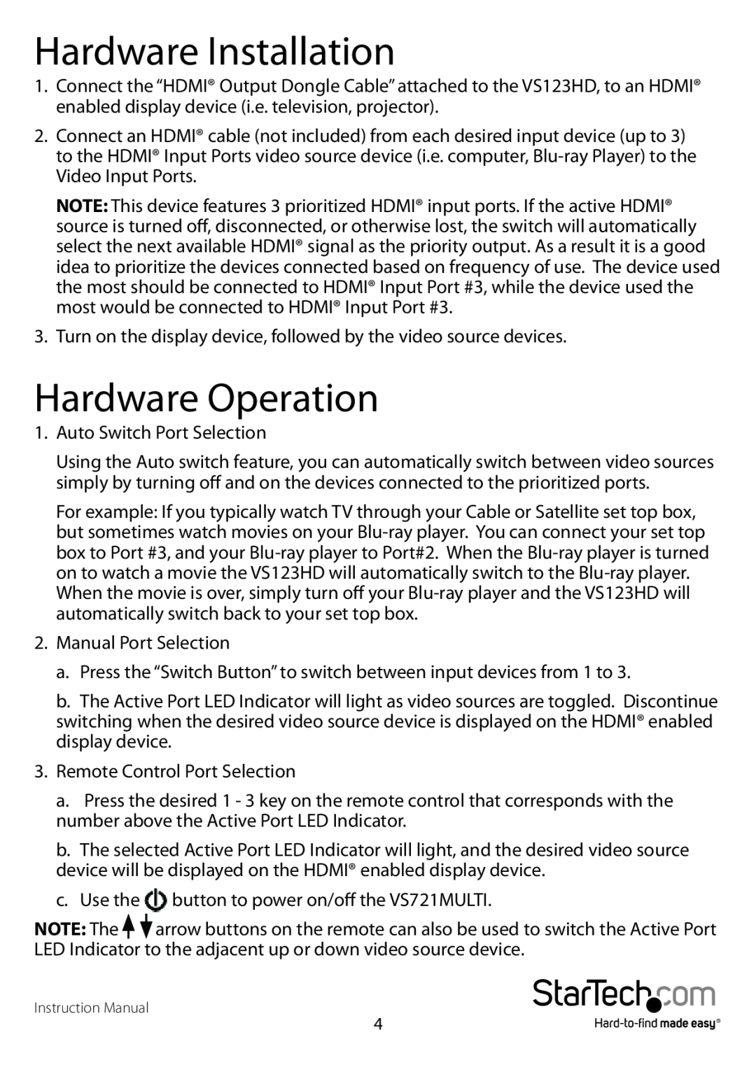 StarTech.com vs123HD manual Hardware Installation, Hardware Operation 
