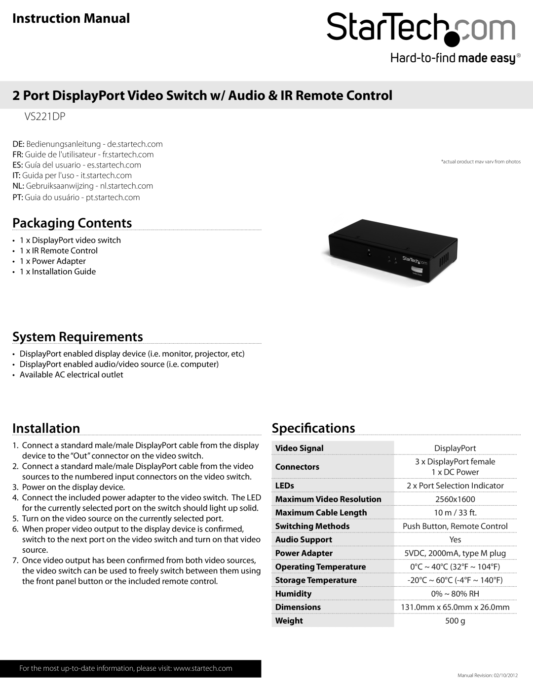 StarTech.com VS221DP instruction manual Port DisplayPort Video Switch w/ Audio & IR Remote Control, Packaging Contents 