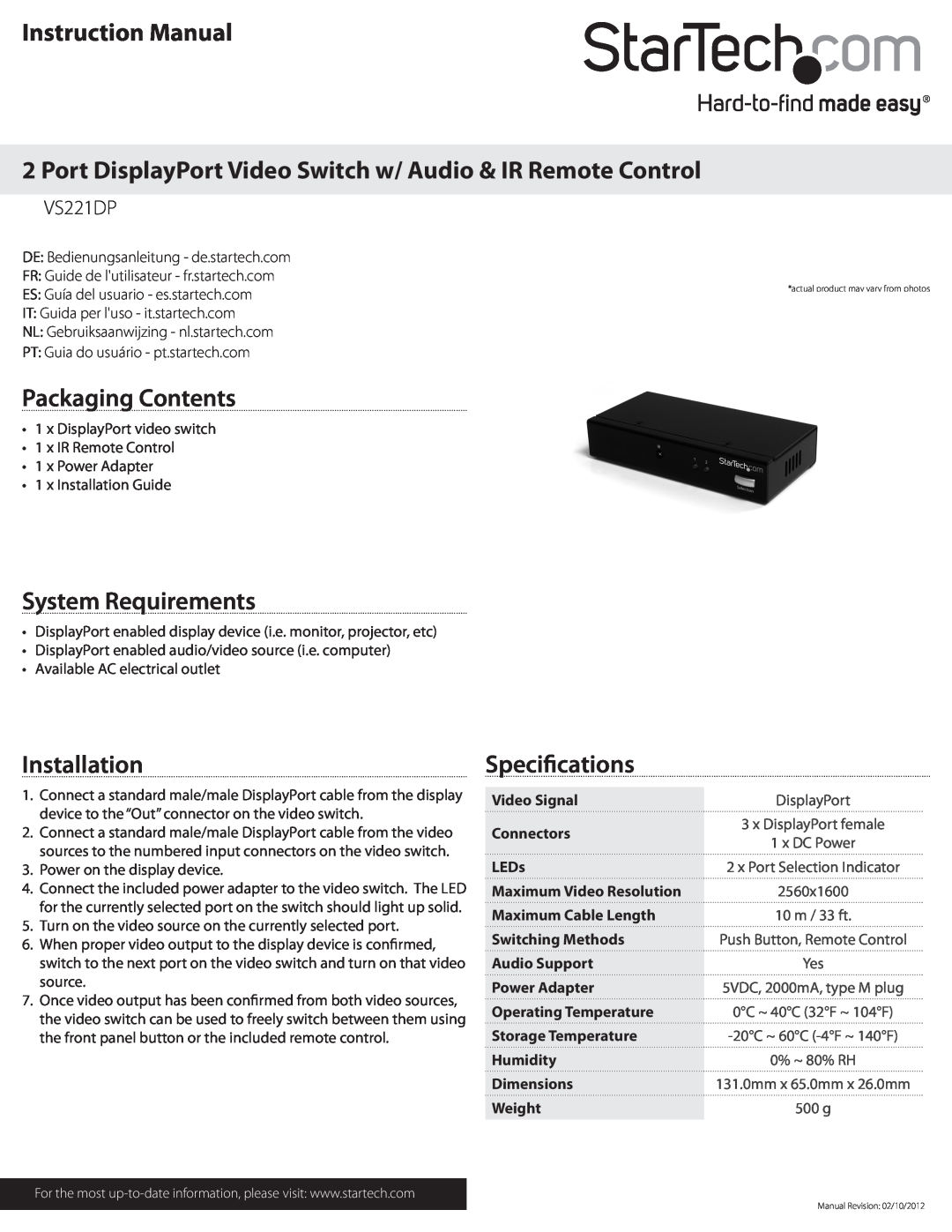 StarTech.com VS221DP instruction manual Packaging Contents, System Requirements, Installation, Specifications 