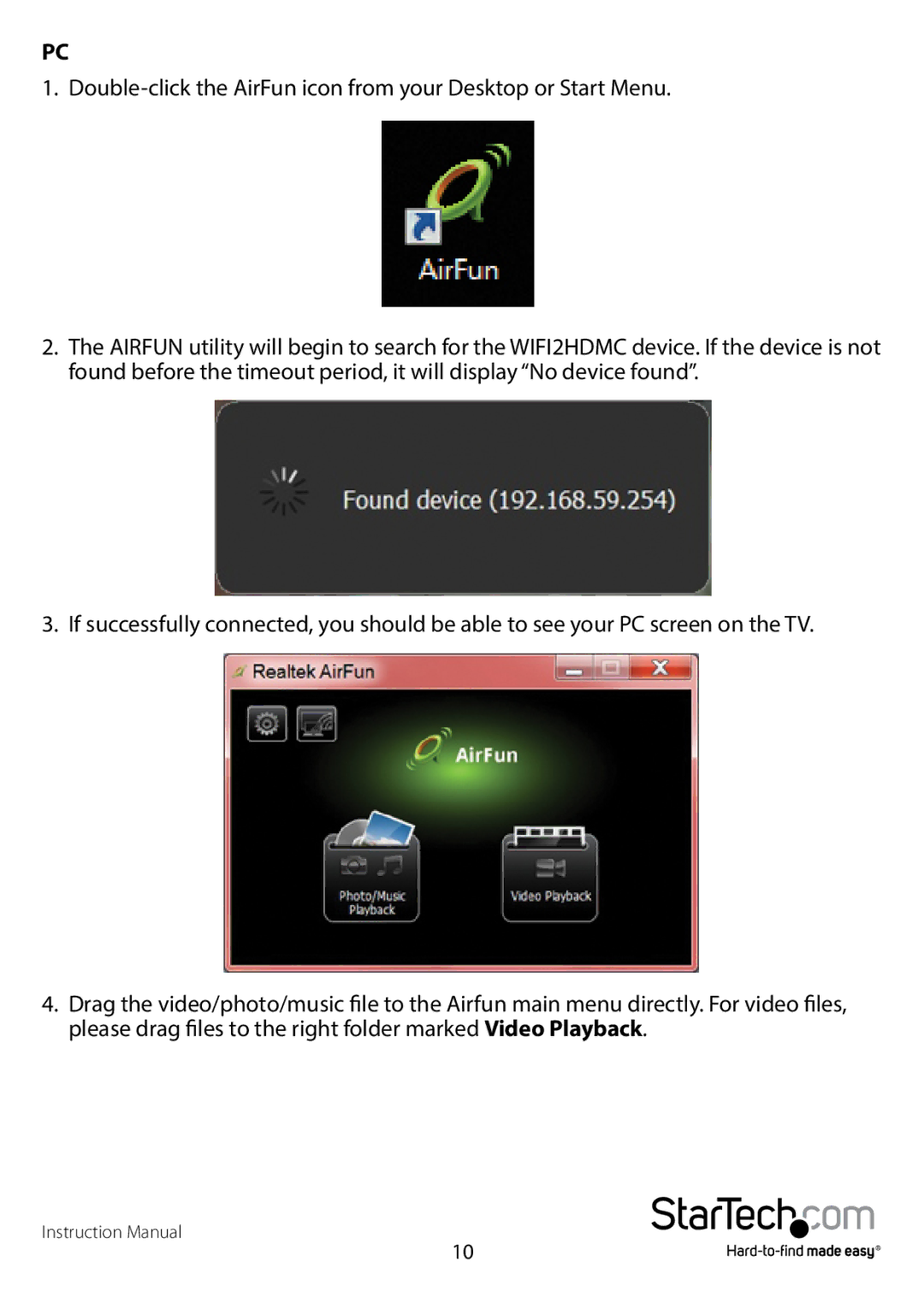 StarTech.com WIFI2HDMCGE manual Double-click the AirFun icon from your Desktop or Start Menu 