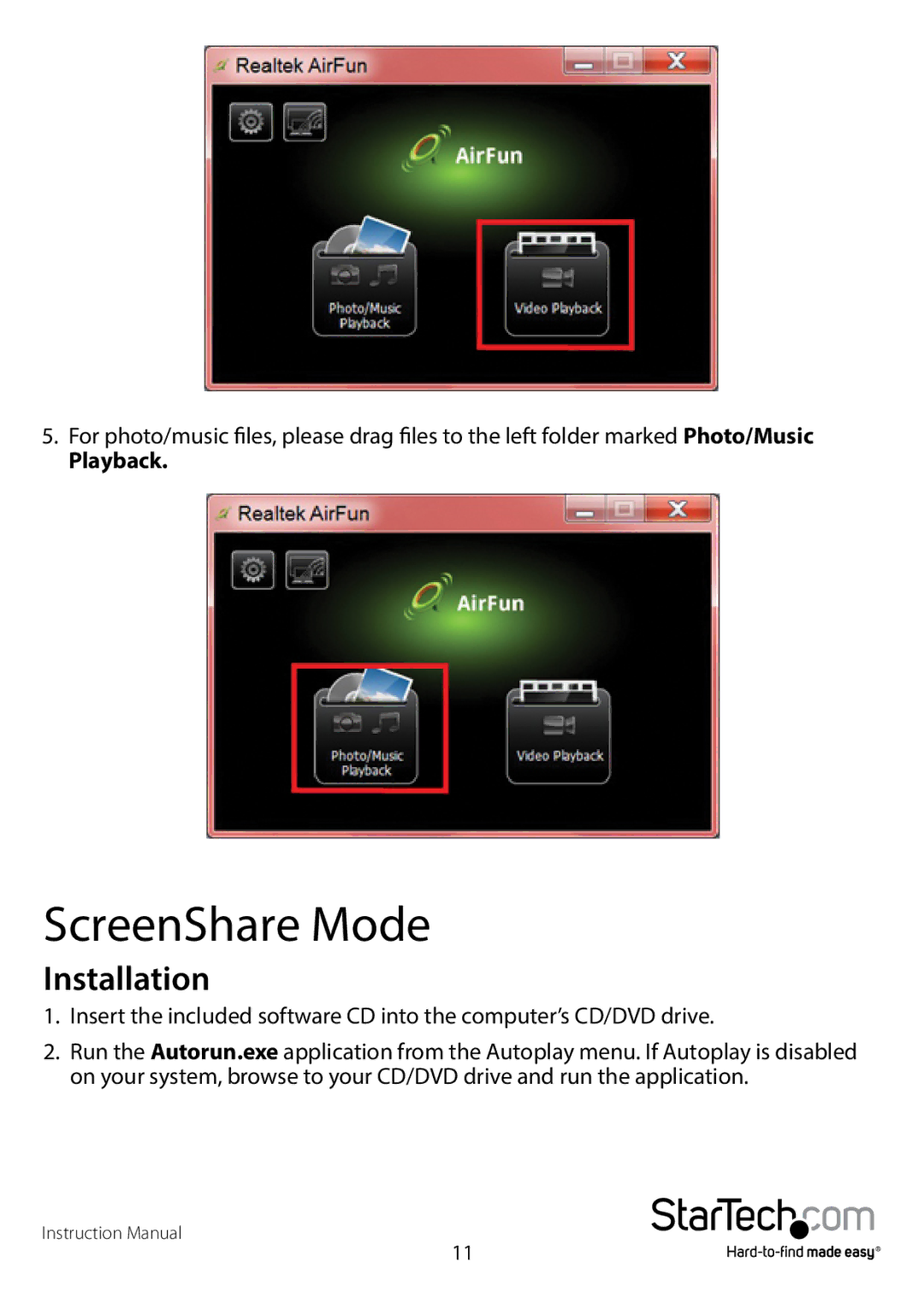 StarTech.com WIFI2HDMCGE manual ScreenShare Mode, Playback 