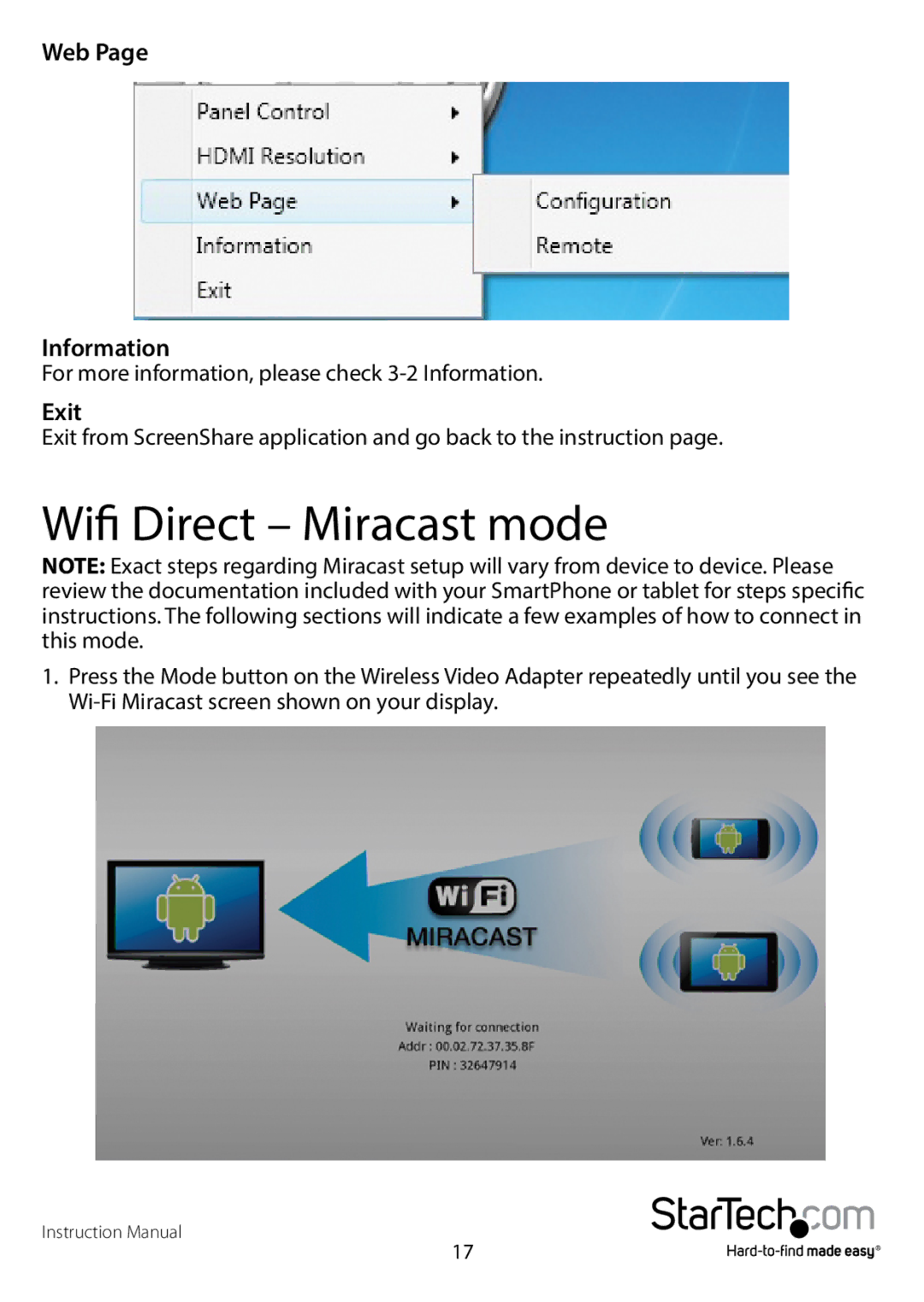 StarTech.com WIFI2HDMCGE manual Wifi Direct Miracast mode, Web Information, Exit 