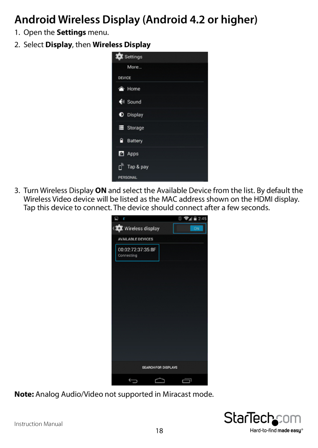 StarTech.com WIFI2HDMCGE manual Android Wireless Display Android 4.2 or higher, Select Display, then Wireless Display 