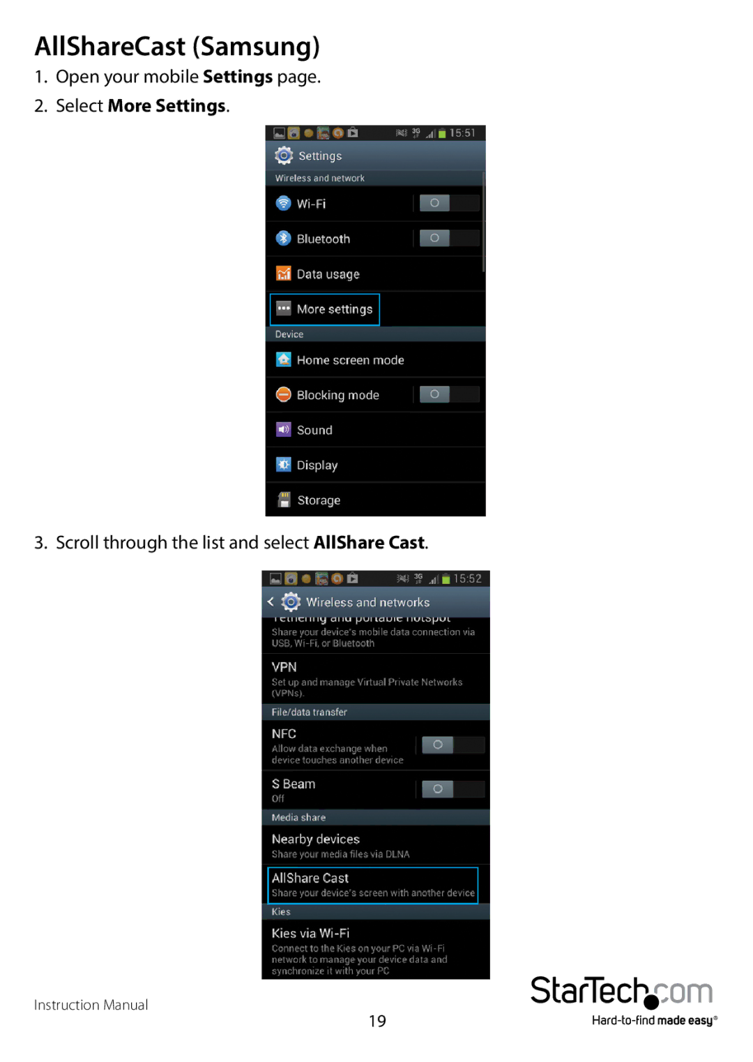 StarTech.com WIFI2HDMCGE manual AllShareCast Samsung, Select More Settings 