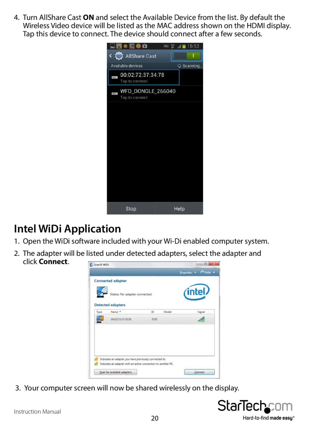 StarTech.com WIFI2HDMCGE manual Intel WiDi Application 