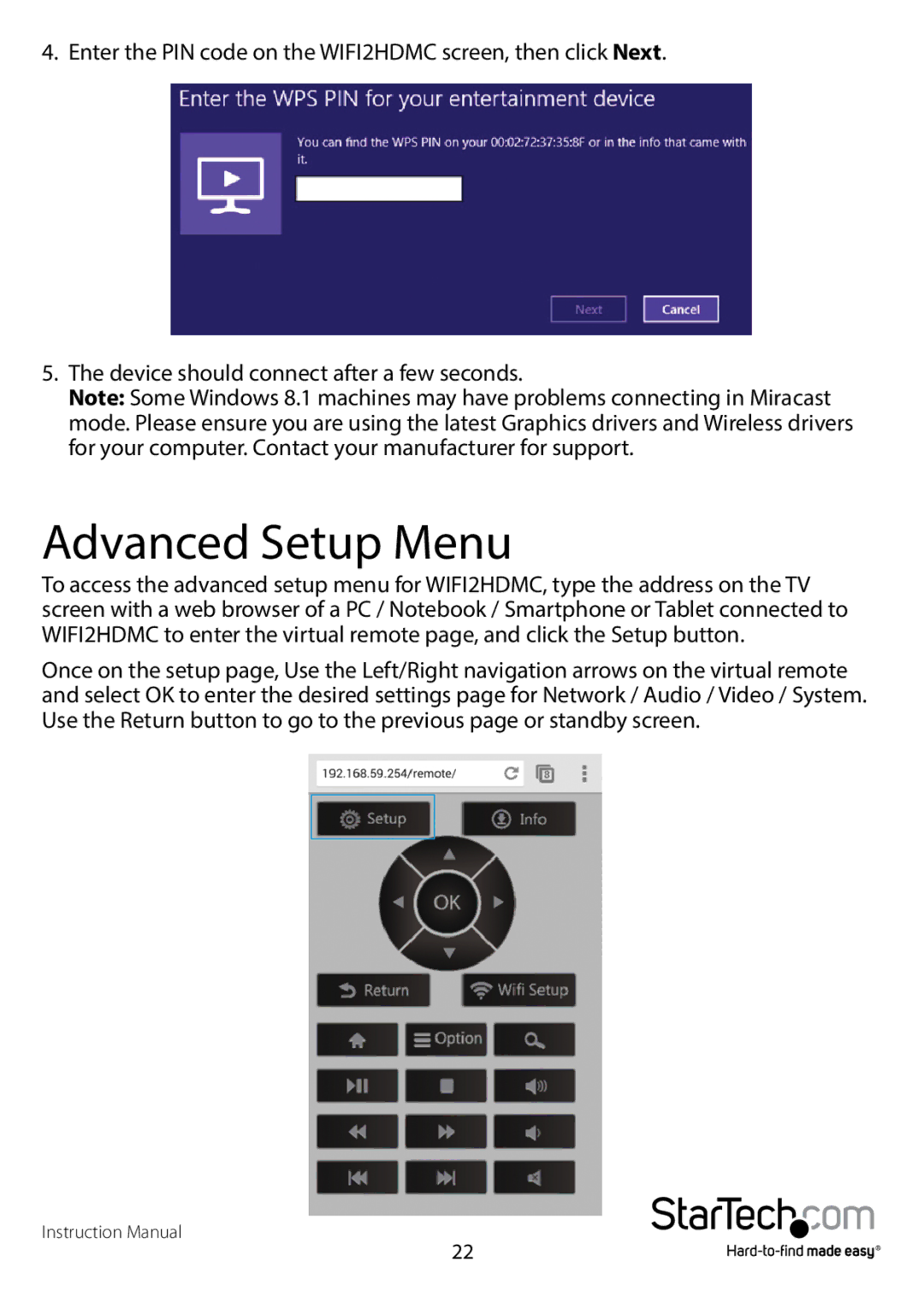 StarTech.com WIFI2HDMCGE manual Advanced Setup Menu 