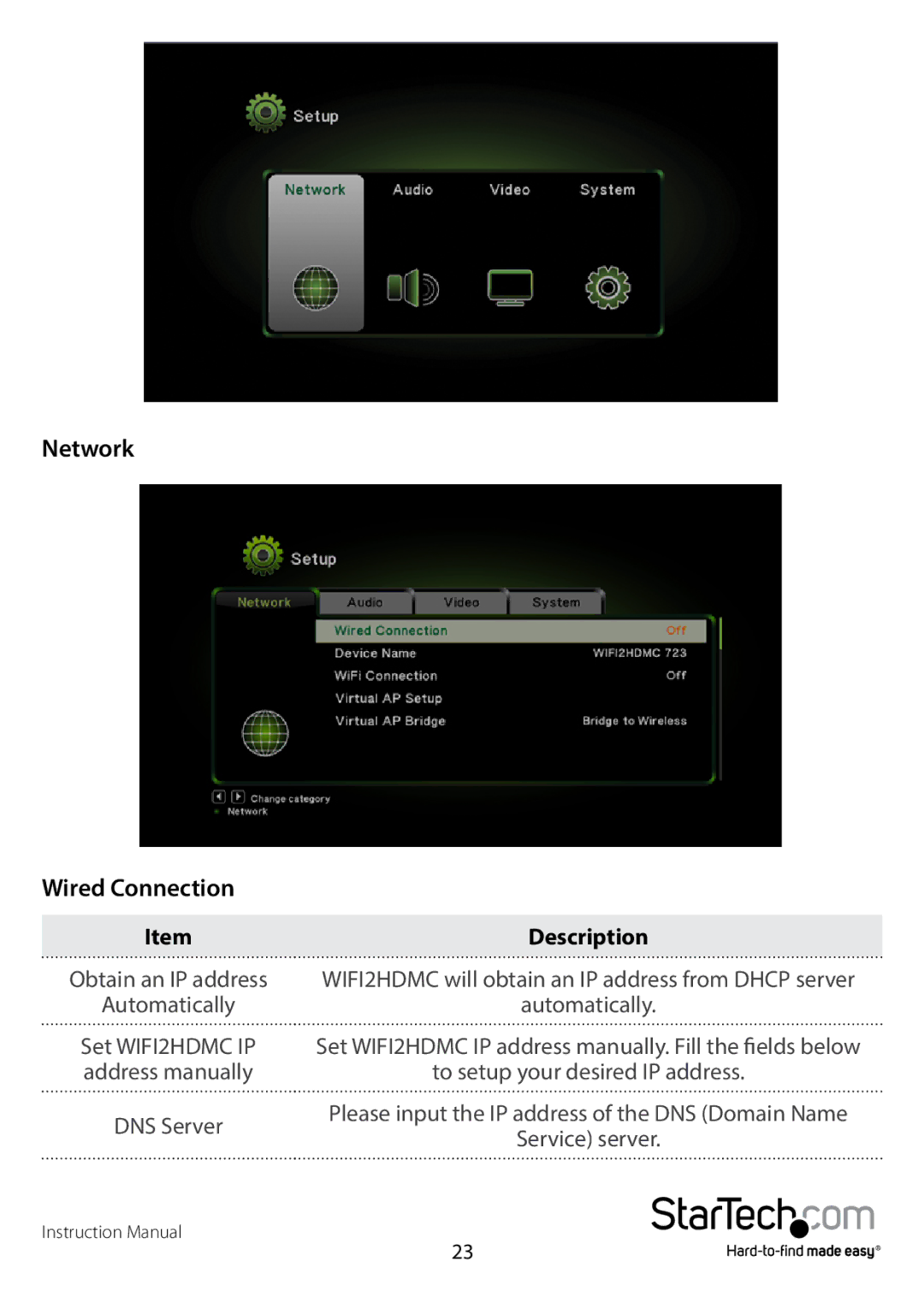 StarTech.com WIFI2HDMCGE manual Network Wired Connection, Description 