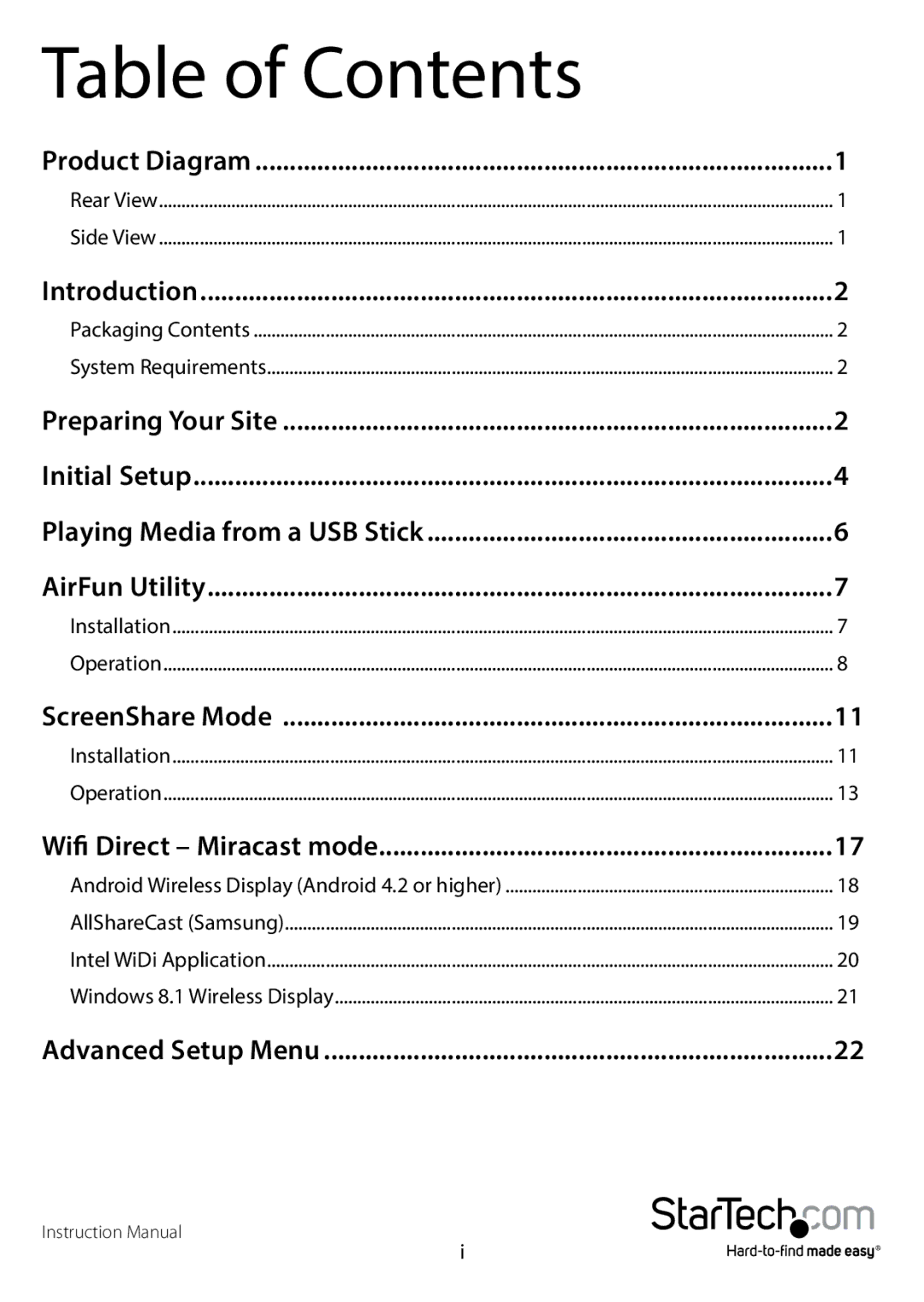 StarTech.com WIFI2HDMCGE manual Table of Contents 