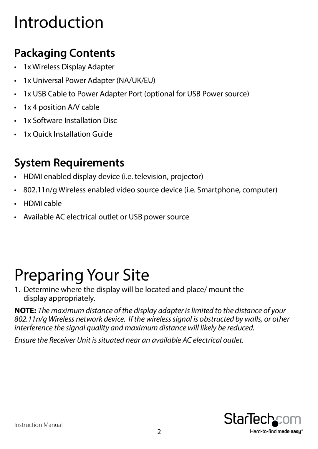 StarTech.com WIFI2HDMCGE manual Introduction, Preparing Your Site, Packaging Contents, System Requirements 