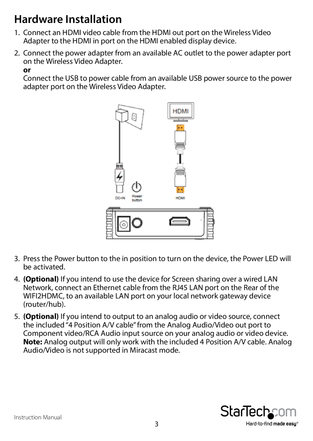 StarTech.com WIFI2HDMCGE manual Hardware Installation 