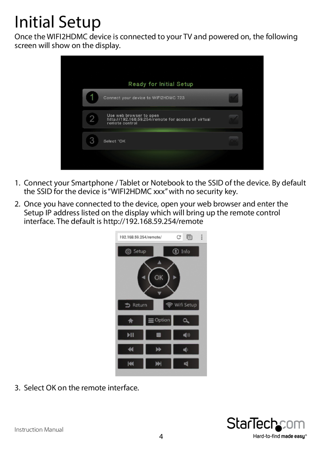 StarTech.com WIFI2HDMCGE manual Initial Setup 