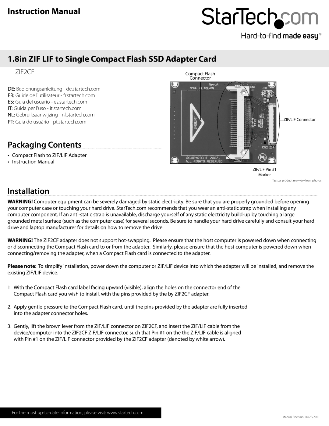 StarTech.com ZIF2CF instruction manual 8in ZIF LIF to Single Compact Flash SSD Adapter Card, Packaging Contents 