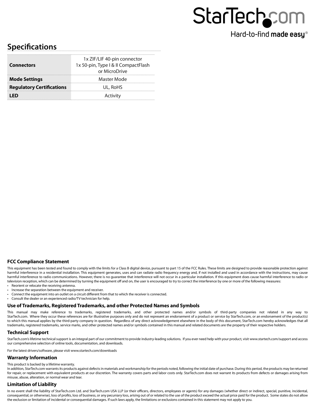 StarTech.com ZIF2CF instruction manual Specifications, Led, FCC Compliance Statement, Limitation of Liability 