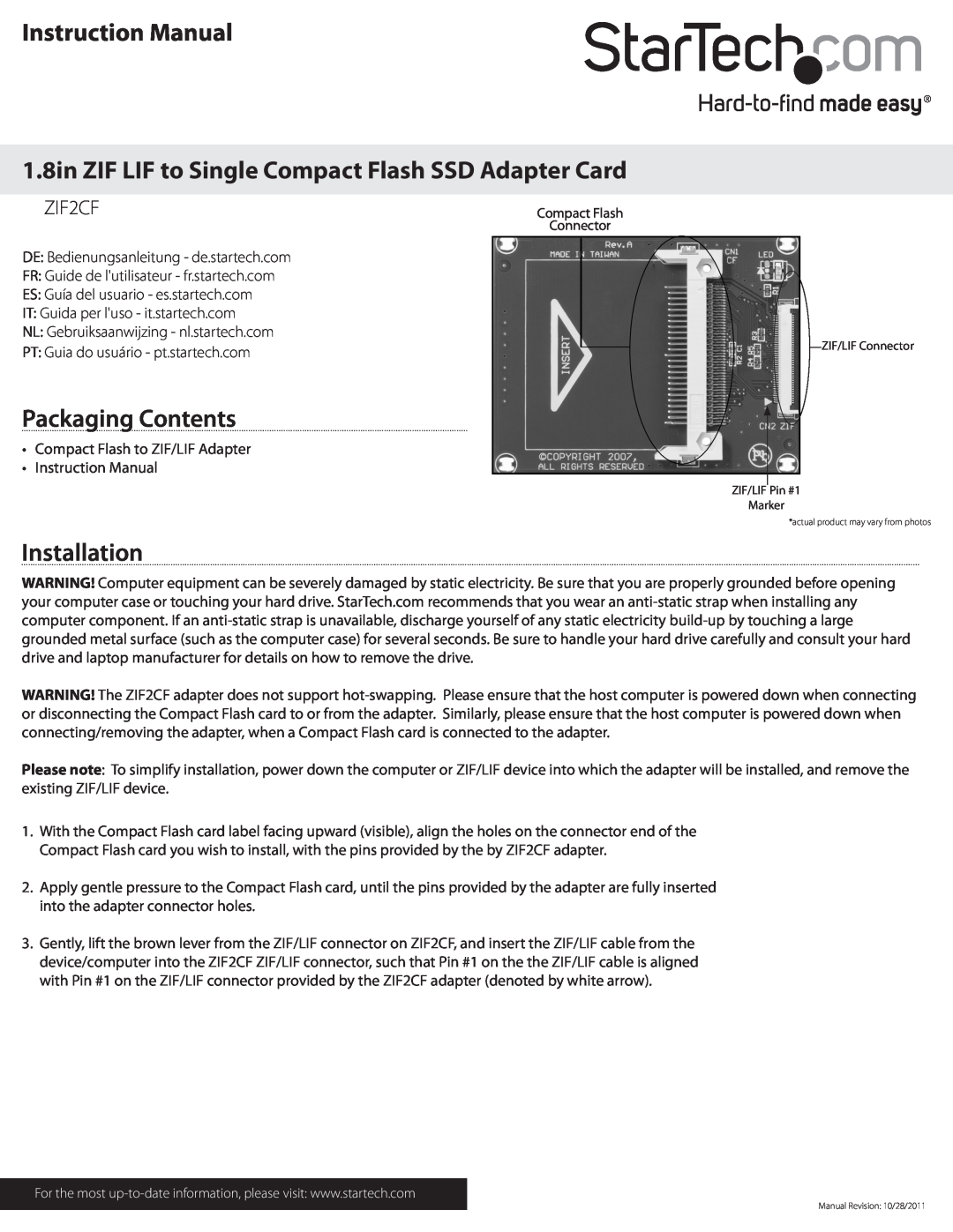 StarTech.com ZIF2CF instruction manual 1.8in ZIF LIF to Single Compact Flash SSD Adapter Card, Packaging Contents 