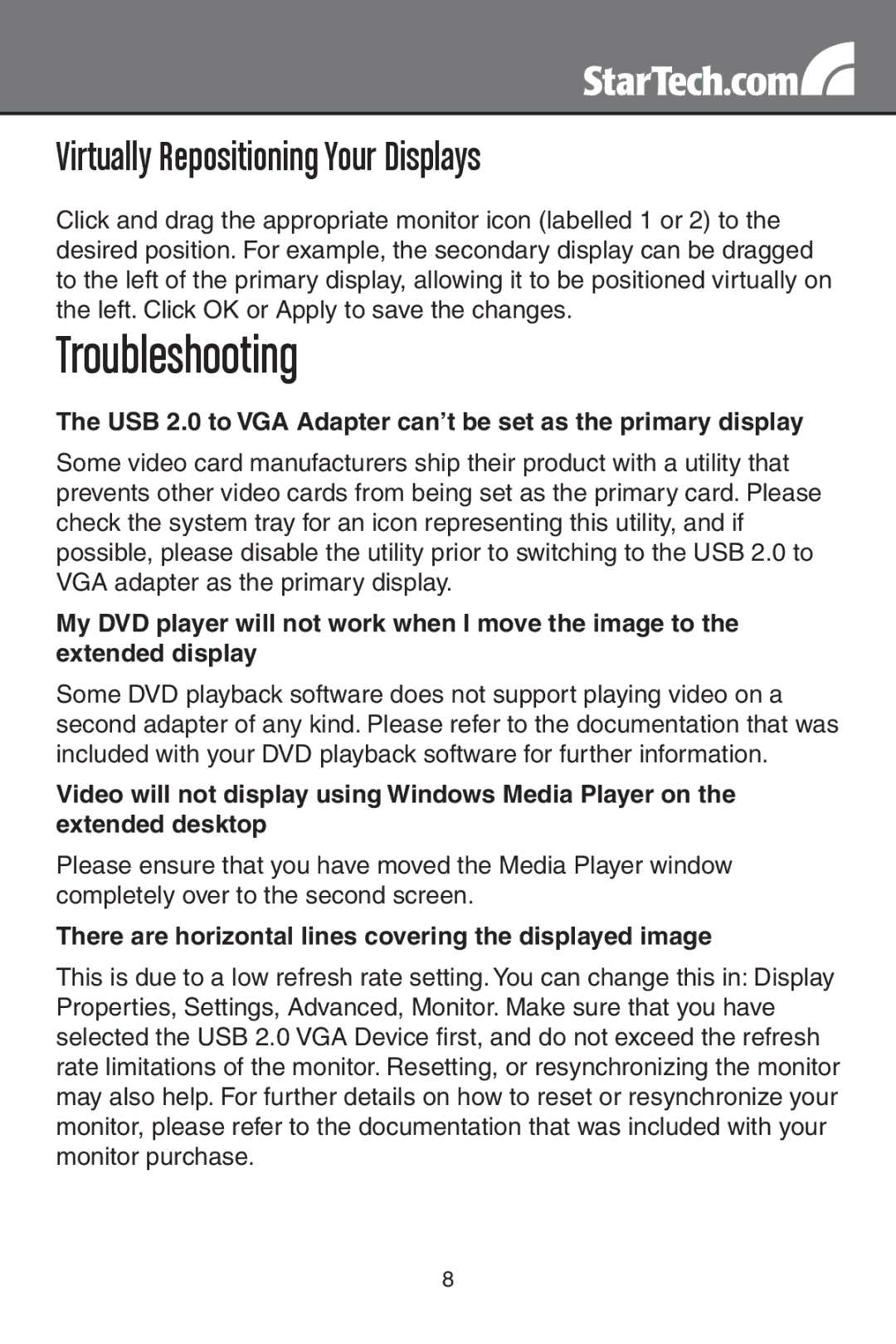 StarTech.com usb 2.0 to vga external multi monitor video adapter - high resolution instruction manual Troubleshooting 