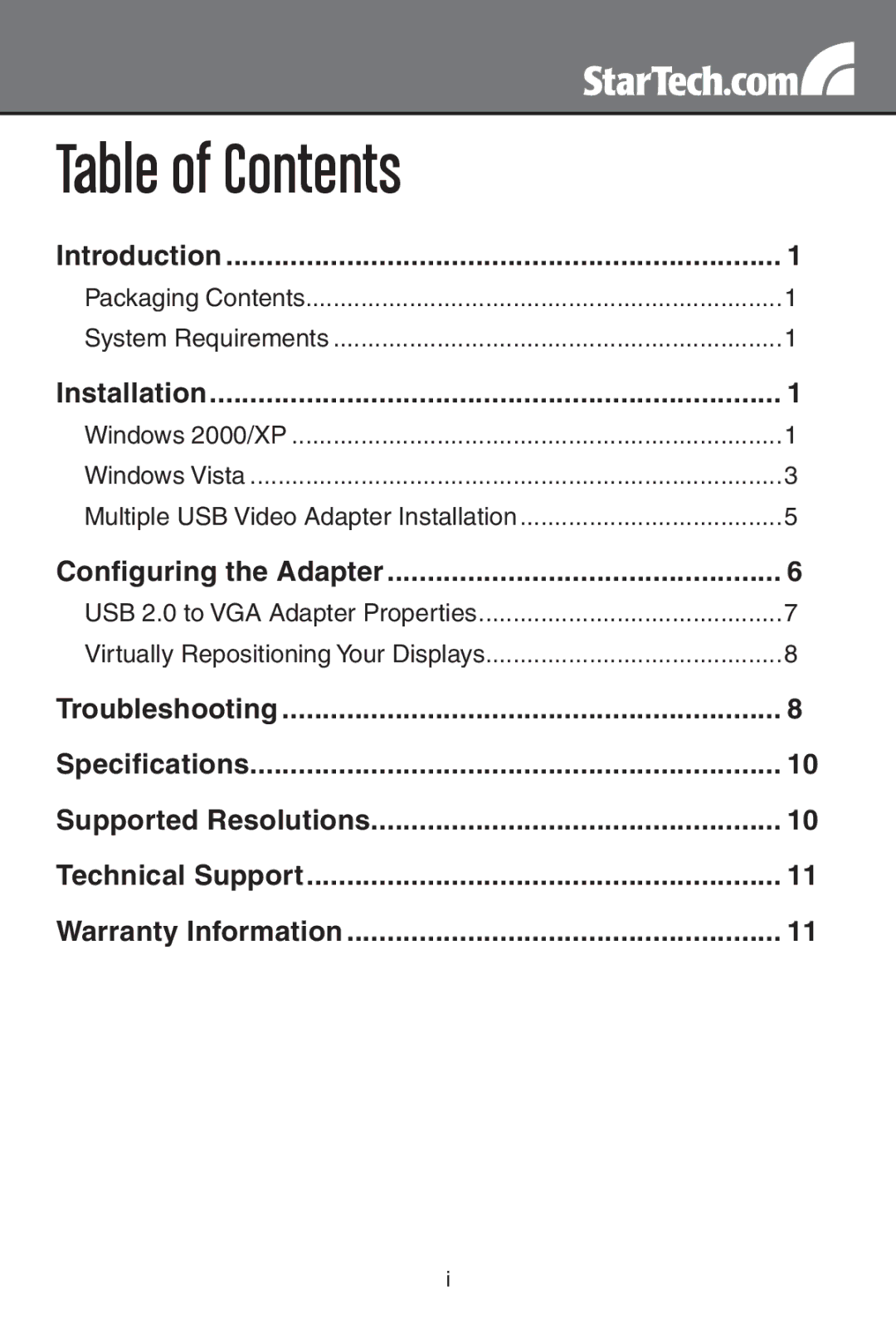 StarTech.com usb 2.0 to vga external multi monitor video adapter - high resolution instruction manual Table of Contents 