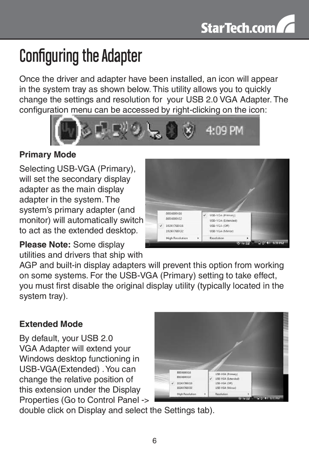 StarTech.com usb 2.0 to vga external multi monitor video adapter - high resolution Configuring the Adapter, Primary Mode 