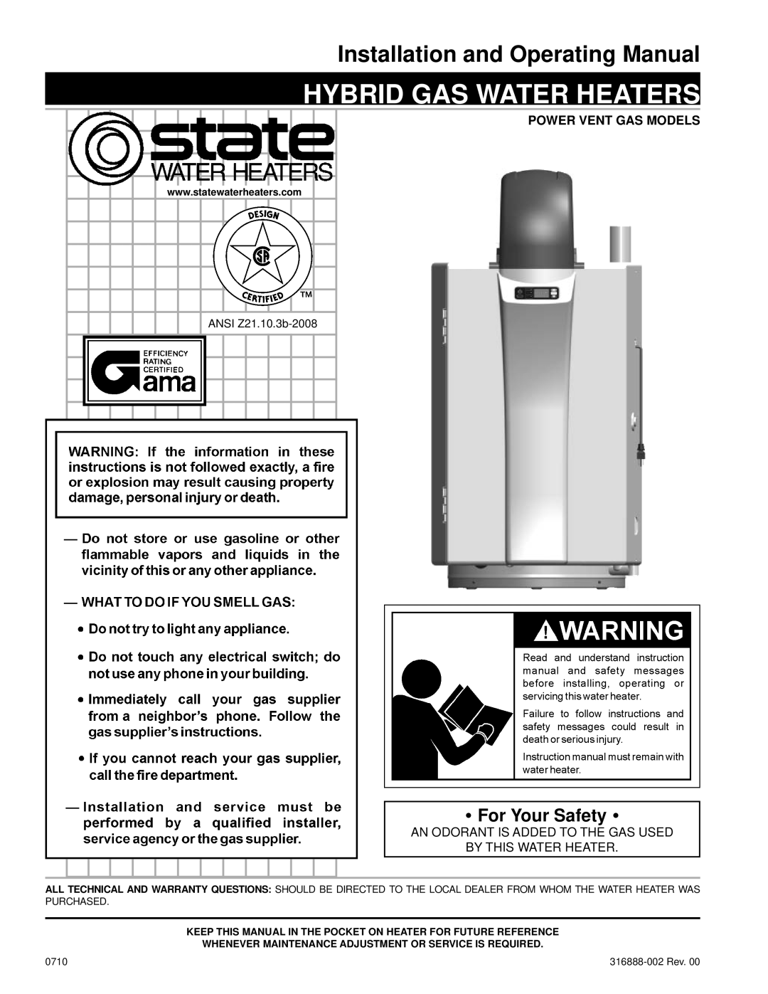 State Industries GPH-90N warranty Power Vent GAS Models, AN Odorant is Added to the GAS Used By this Water Heater 