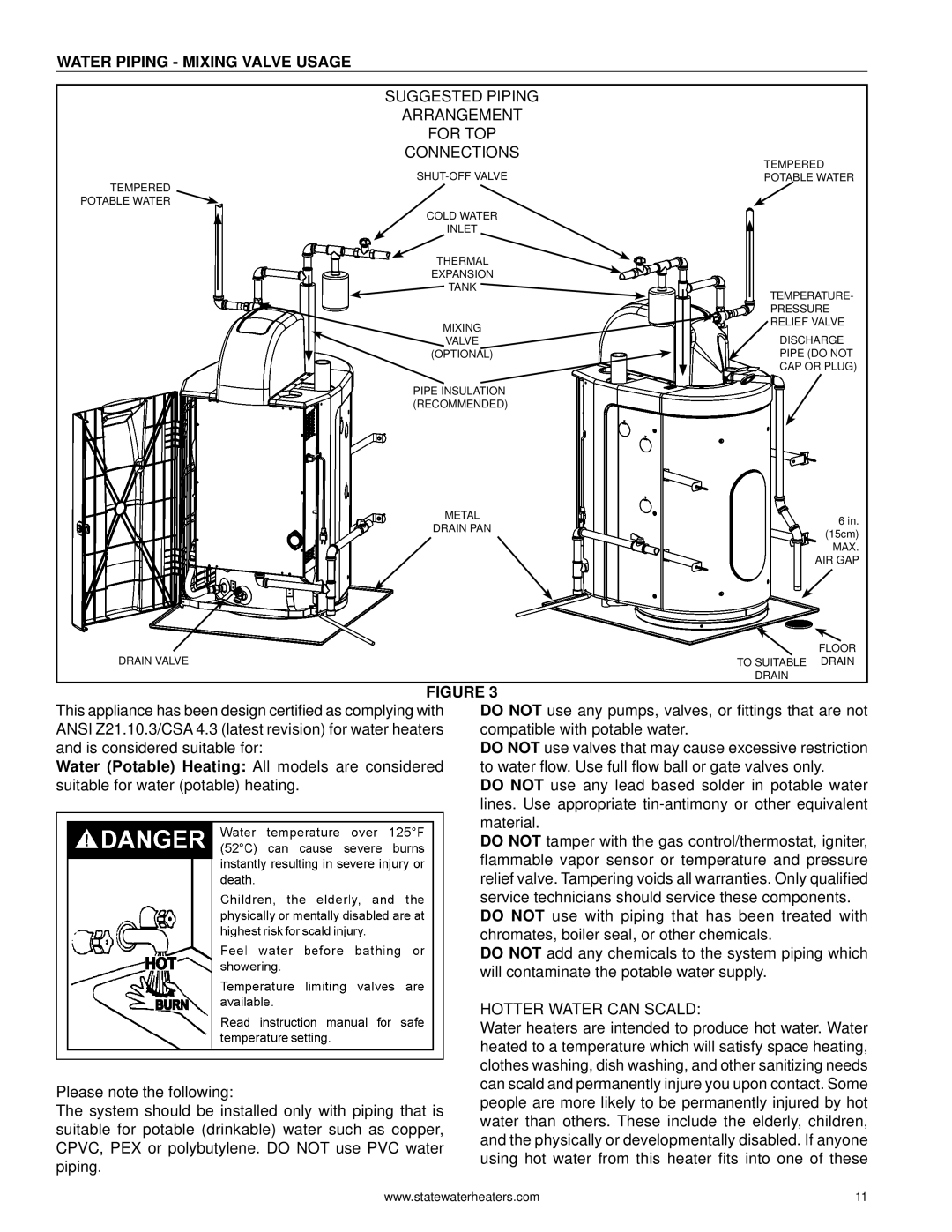 State Industries GPH-90N warranty Water Piping Mixing Valve Usage, Suggested Piping Arrangement For TOP Connections 